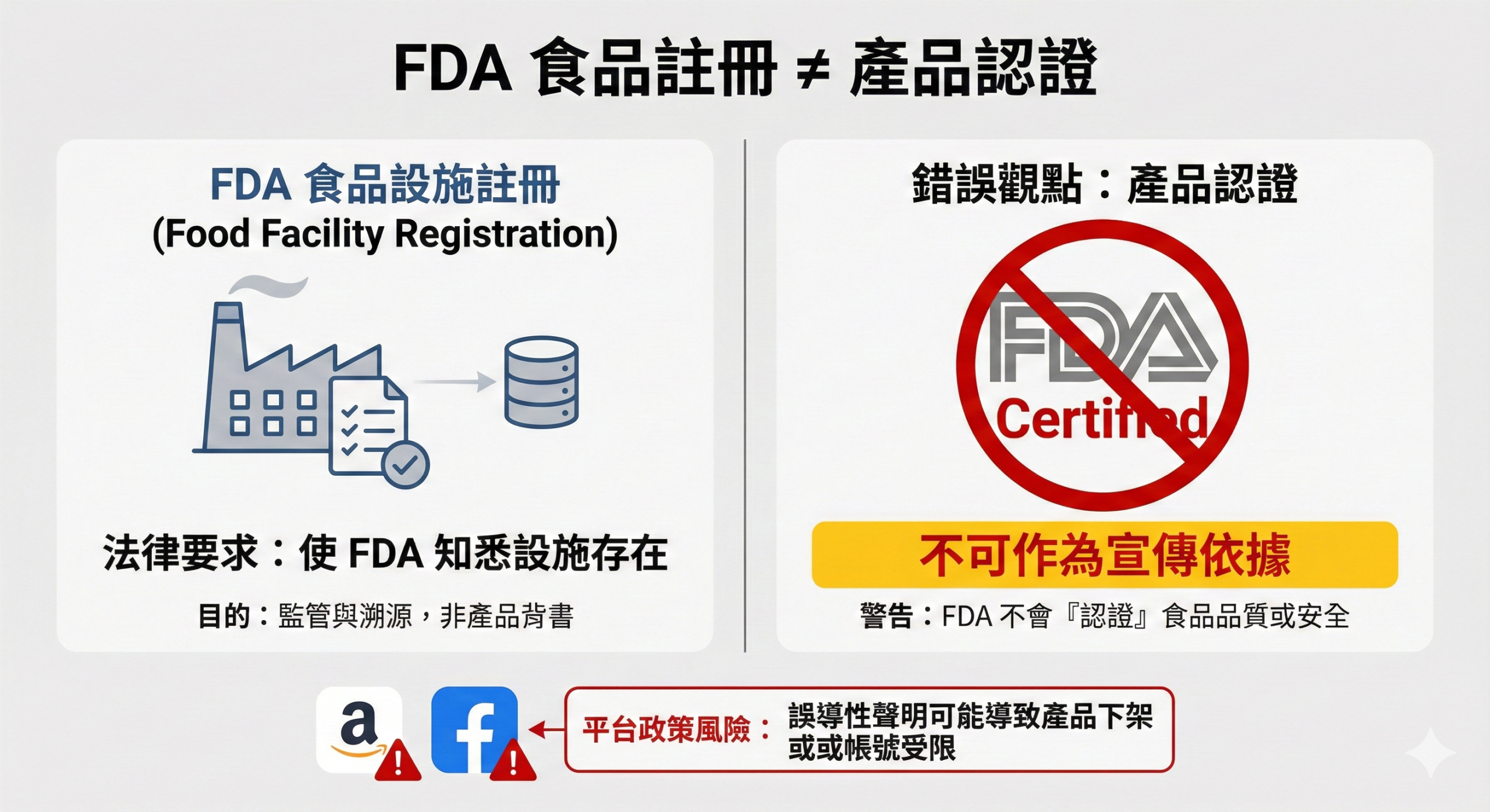 FDA 食品註冊與產品認證差異示意圖，說明不可作為宣傳依據