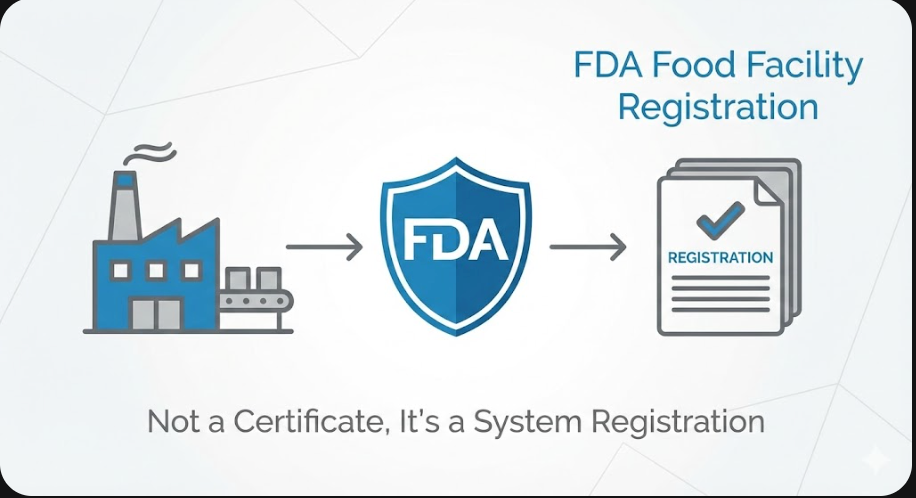 美國 FDA 食品認證企業定義說明圖，標示註冊主體與制度登記概念