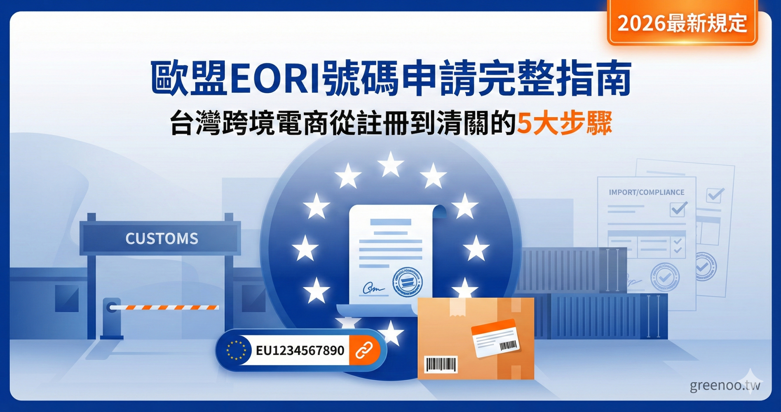 歐盟EORI號碼申請完整指南封面,顯示台灣跨境電商從註冊到清關的5大步驟與2026最新規定,專業物流配色設計