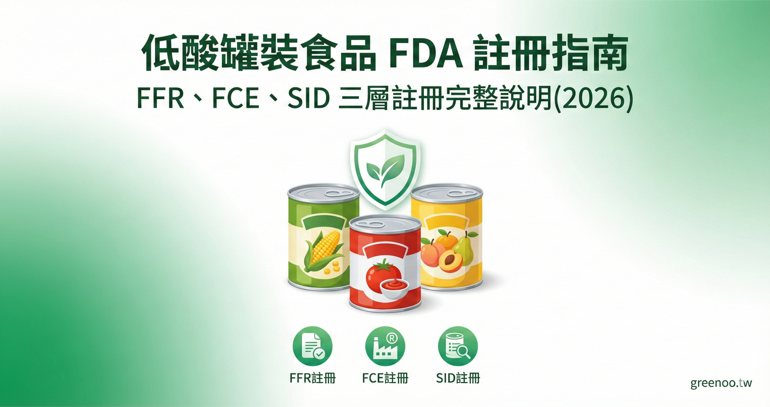 低酸罐裝食品 FDA 註冊指南封面,顯示罐頭產品圖示與 FFR、FCE、SID 三層註冊說明,專業綠色配色設計