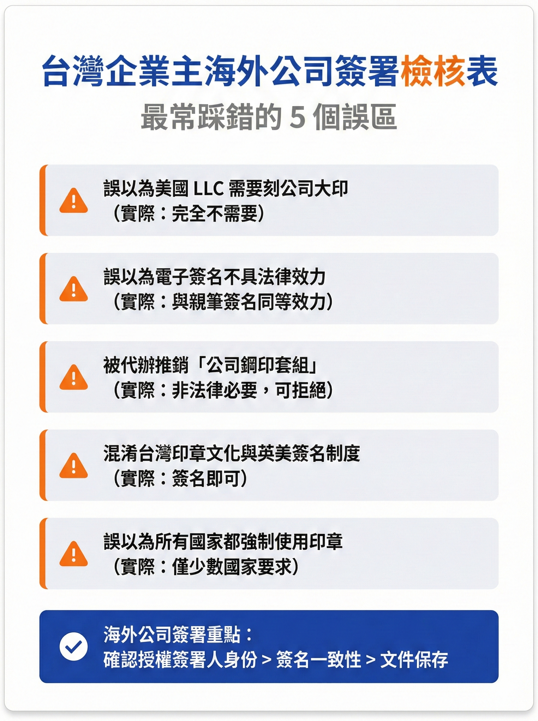 台灣企業主海外公司簽署檢核表，列出最常踩錯的 5 個誤區，包含印章使用、電子簽名、代辦推銷等常見錯誤
