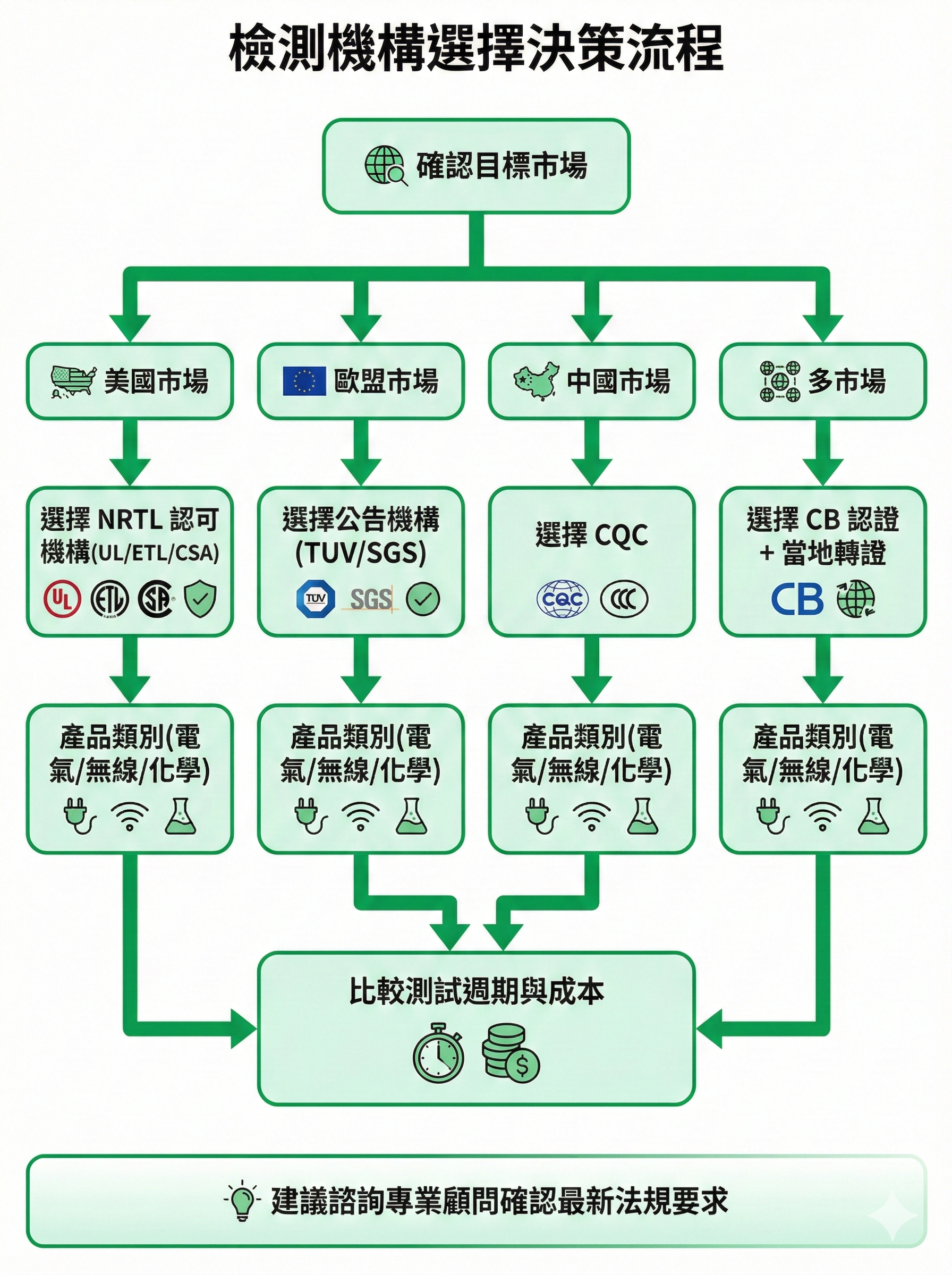 檢測機構選擇決策流程圖,顯示依據目標市場與產品類別選擇 UL、TUV、SGS 等機構的判斷邏輯