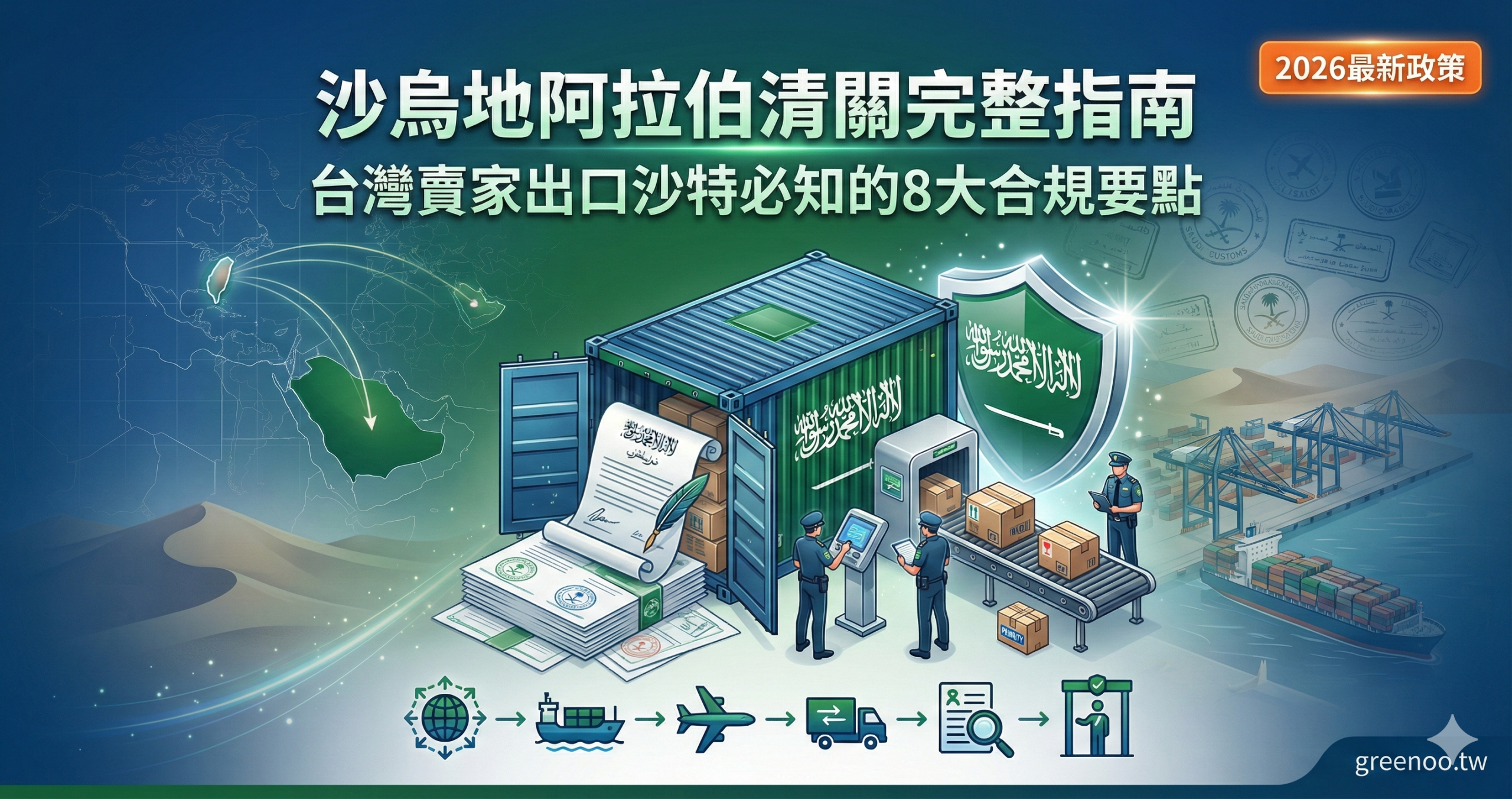 沙烏地阿拉伯清關完整指南封面，顯示台灣賣家出口沙特必知的8大合規要點與2026最新政策