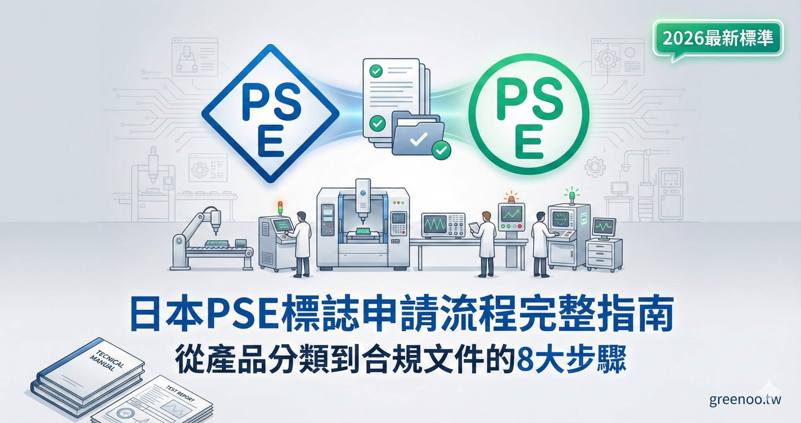 日本PSE認證完整攻略封面，顯示菱形與圓形標章差異、台灣製造商申請流程與合規文件準備重點，2026最新標準