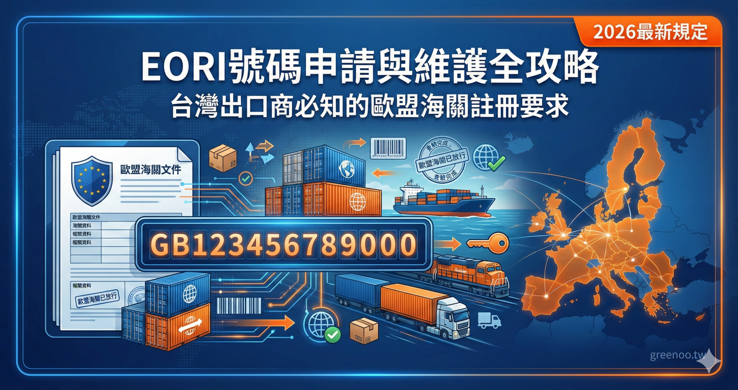 EORI號碼申請與維護全攻略封面,顯示台灣出口商必知的歐盟海關註冊要求與2026最新規定,專業物流配色設計
