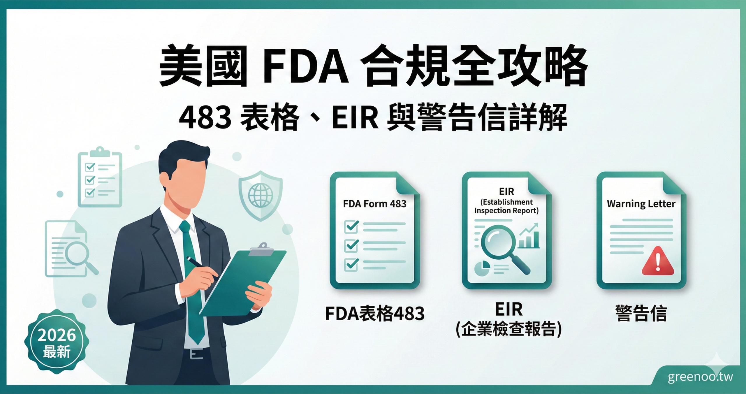 美國 FDA 合規全攻略封面,顯示 483 表格、EIR 與警告信文件圖標,2026 最新專業指南