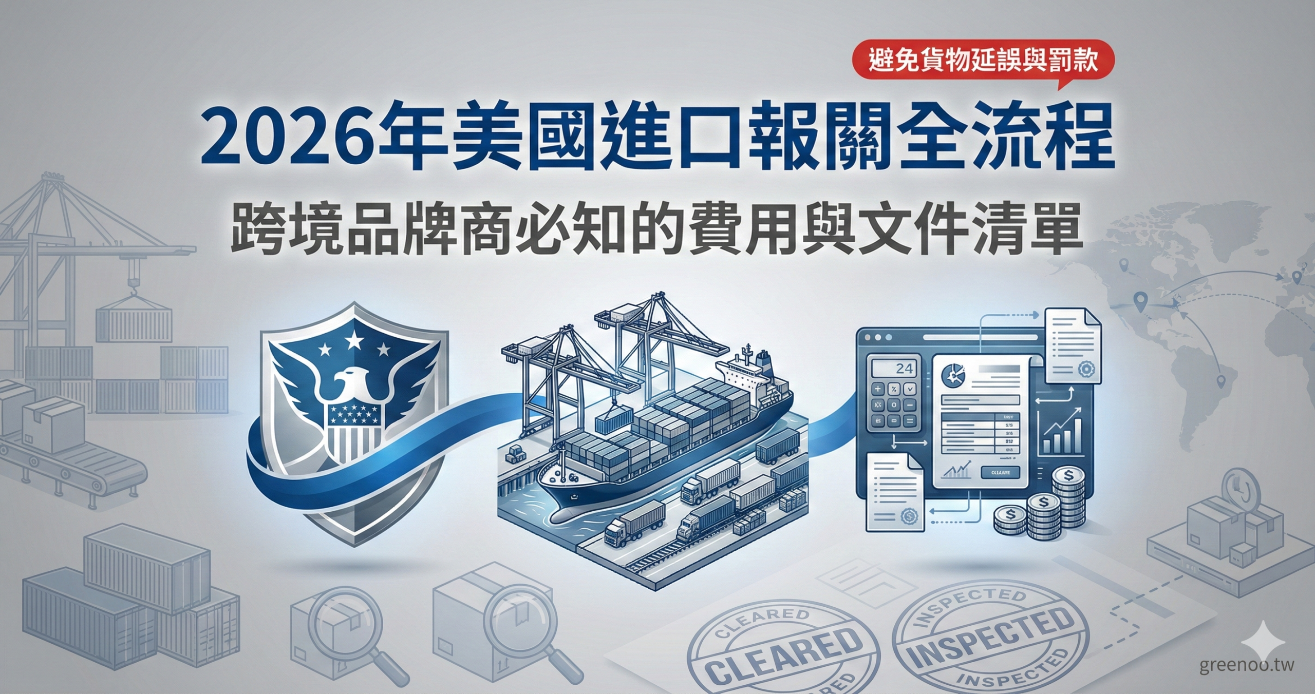 2026年美國進口報關全流程封面，顯示跨境品牌商必知的費用與文件清單，避免貨物延誤與罰款風險，專業物流合規配色設計