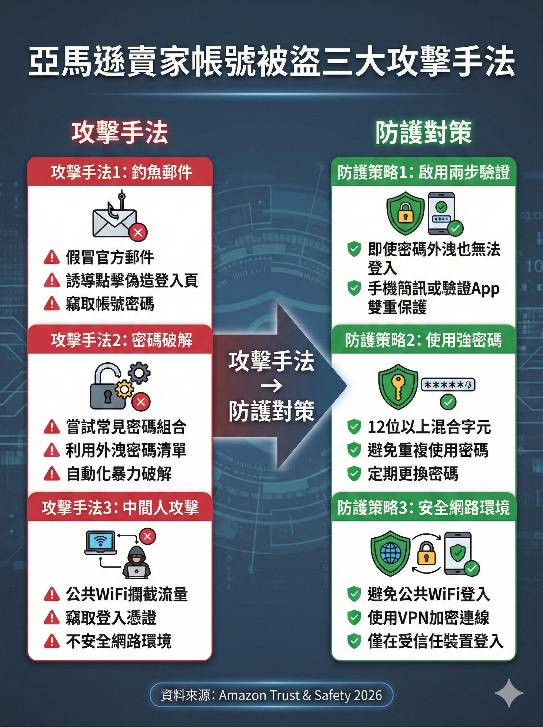 亞馬遜賣家帳號被盜三大攻擊手法與防護對策對照圖，包含釣魚郵件、密碼破解、中間人攻擊及對應的兩步驗證、強密碼、安全網路防護策略