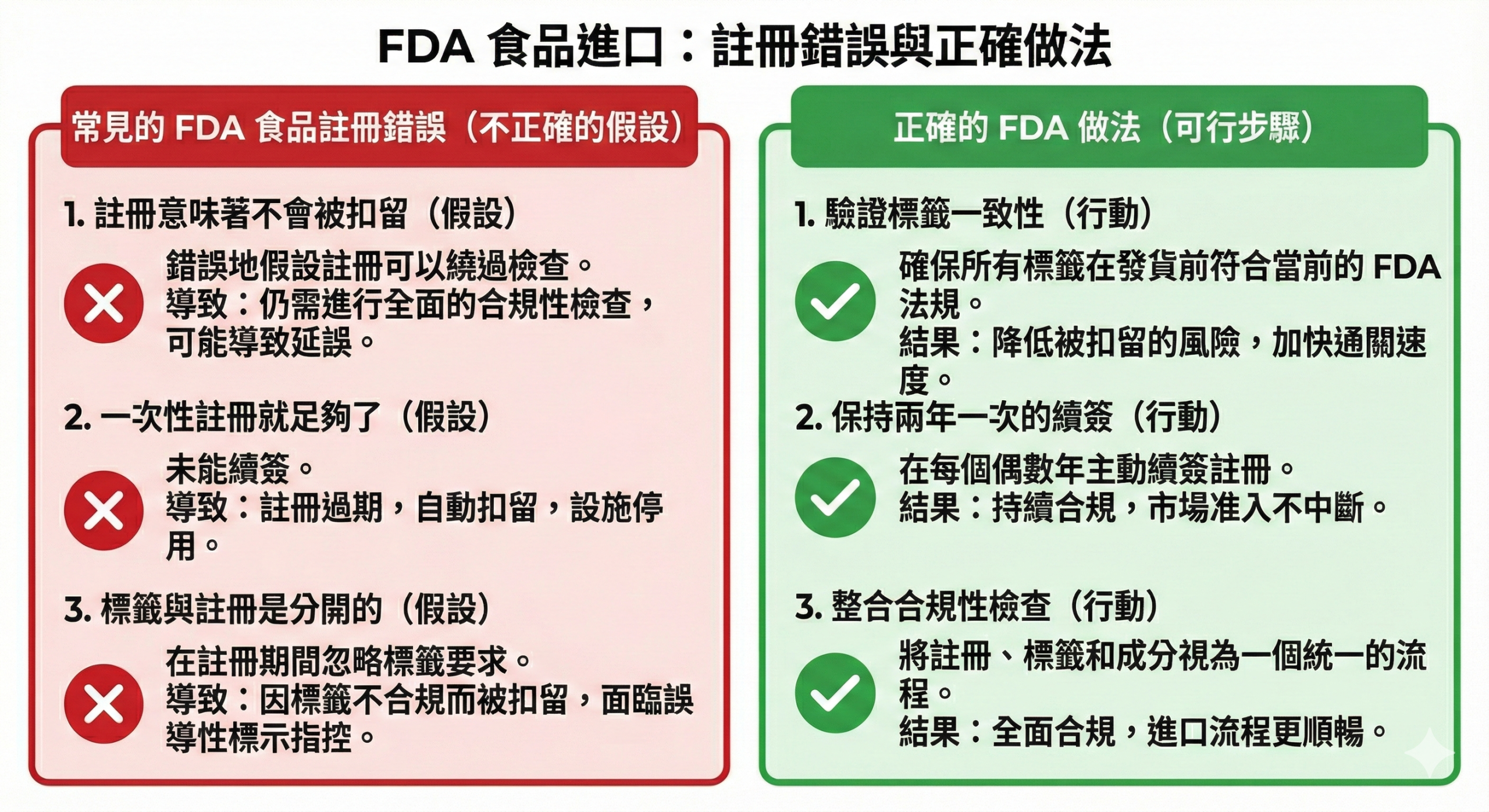 FDA 食品註冊常見錯誤與正確做法對比圖