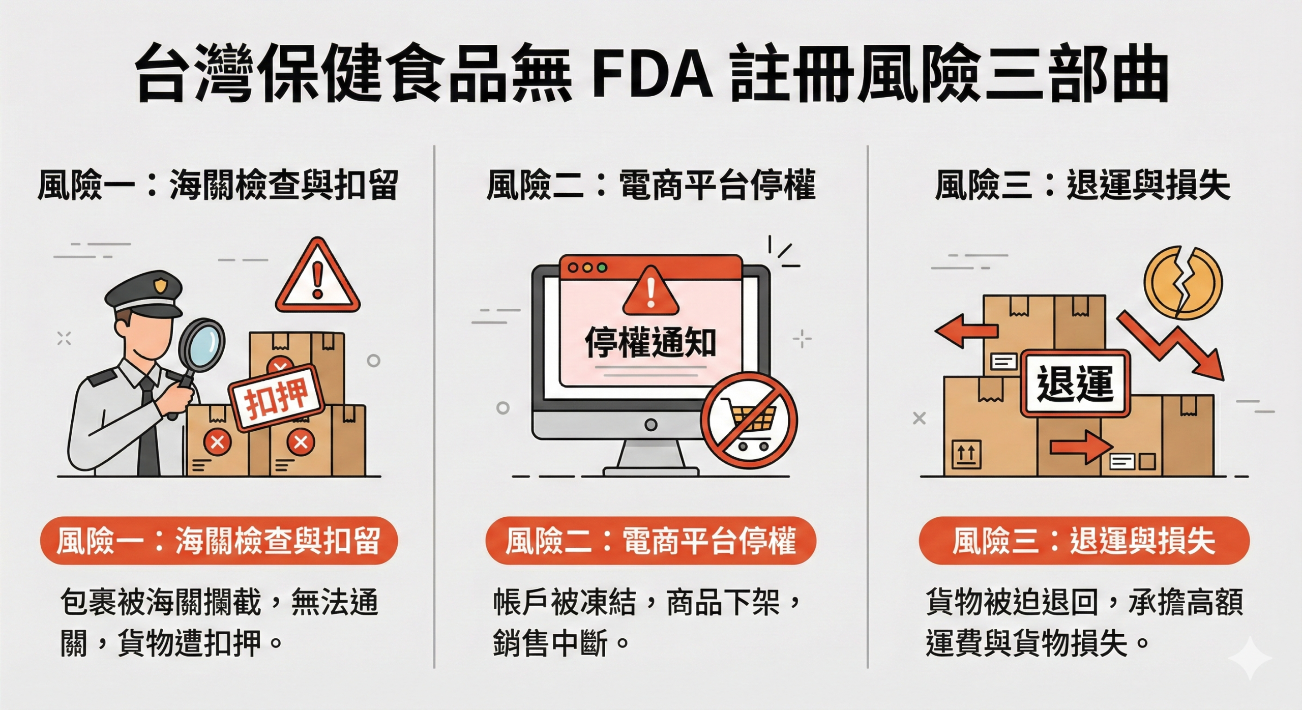 台灣保健食品未完成 FDA 食品註冊可能面臨的三大風險示意圖