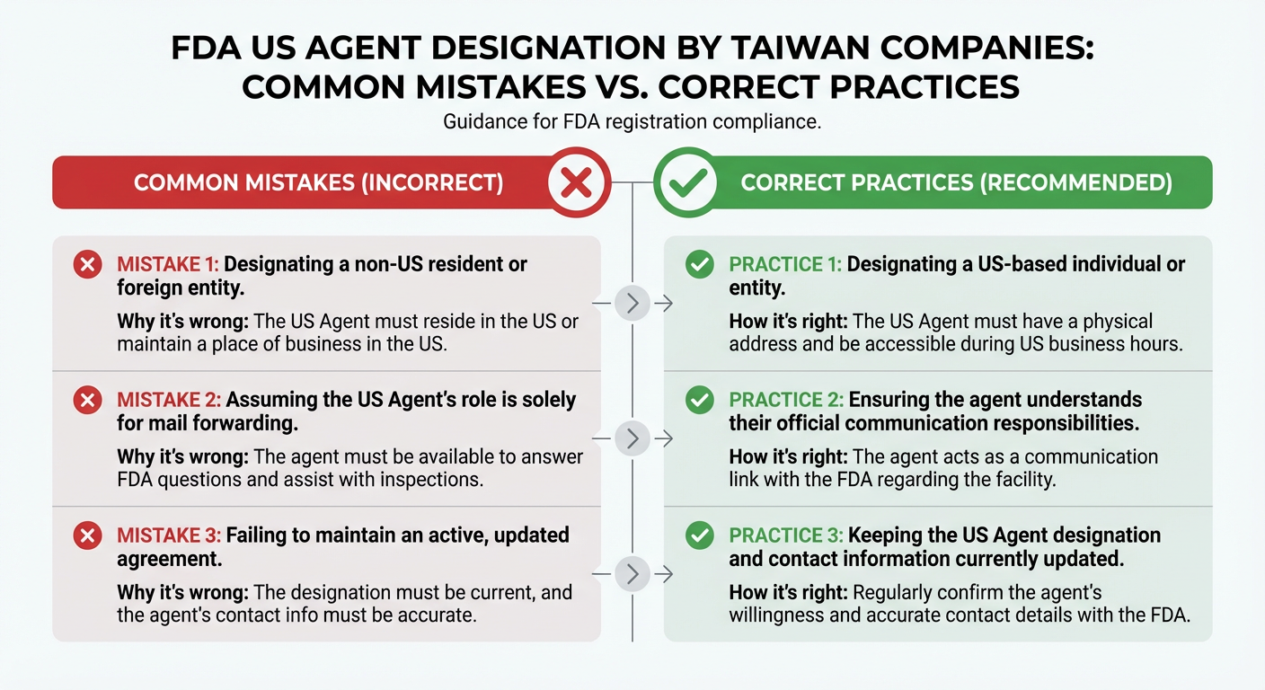 台灣公司 FDA 美國代理人常見錯誤與正確做法對比圖