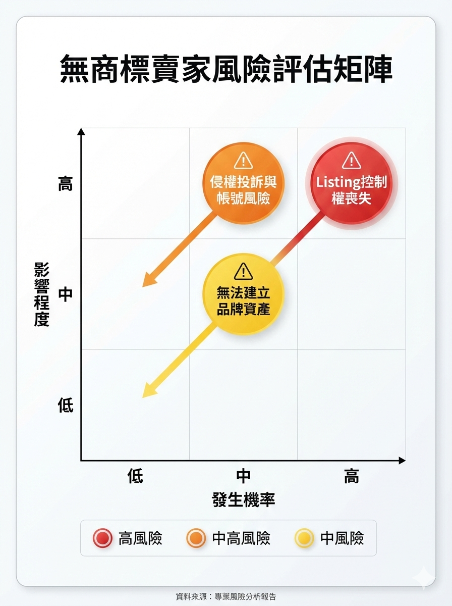 Amazon無商標賣家風險評估矩陣,標示Listing控制、侵權投訴、品牌資產三大風險等級