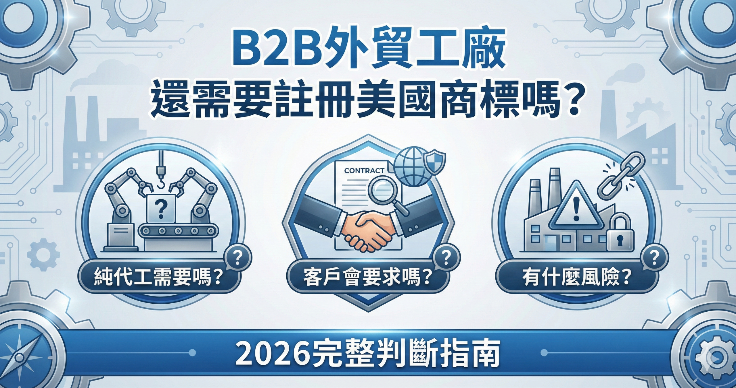 B2B外貿工廠美國商標註冊決策指南封面圖,說明純代工模式是否需要註冊商標的三大關鍵問題