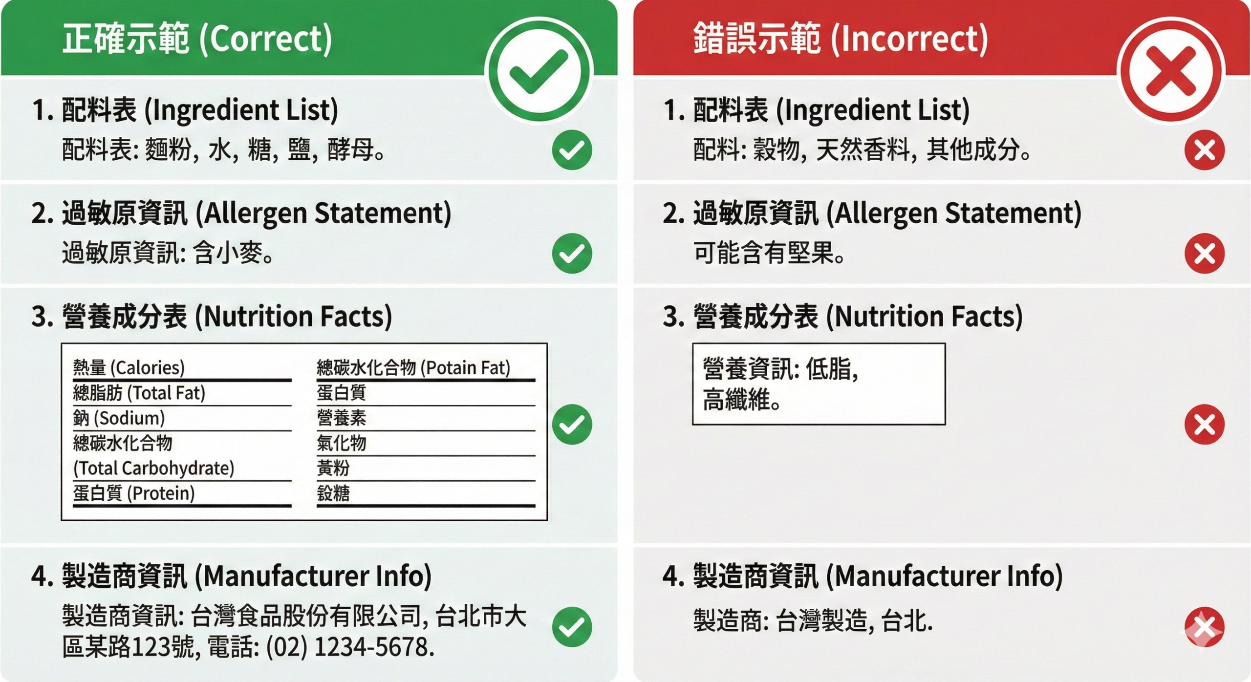 FDA 食品標籤審查重點對比說明圖