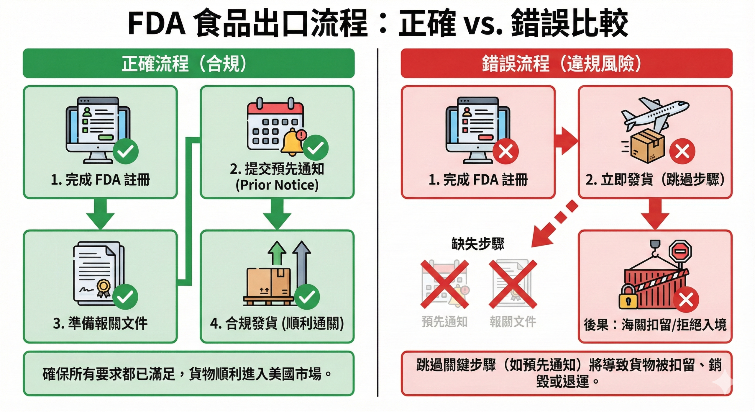 FDA 食品註冊完成後正確與錯誤出貨判斷對比圖