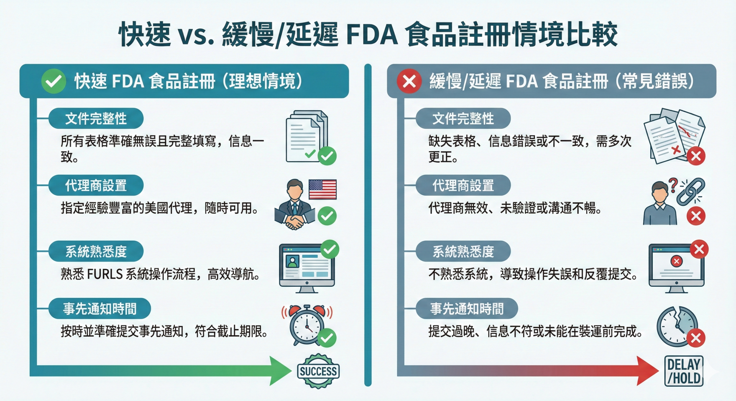 FDA 食品註冊文件檢查流程與常見退件原因圖