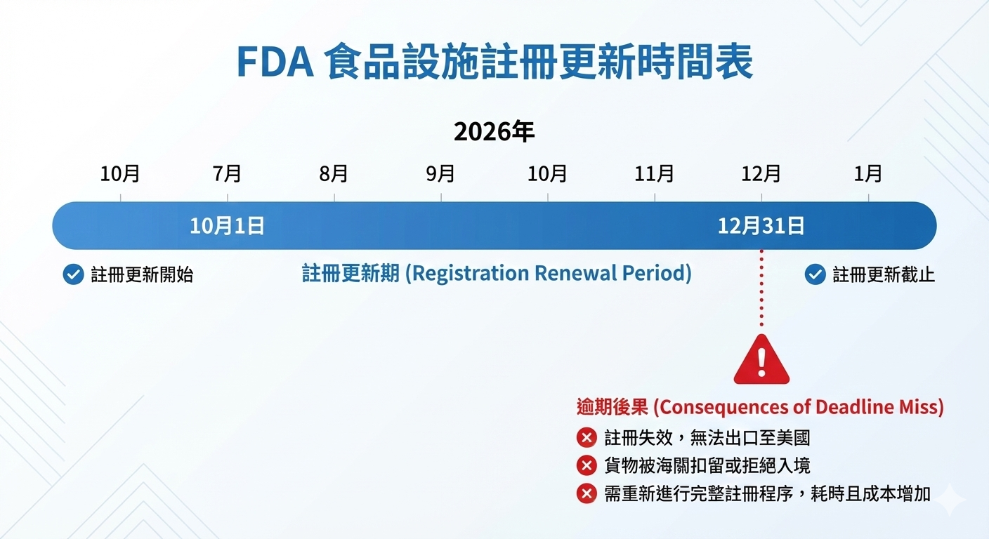 FDA 食品註冊更新期限示意圖，說明逾期影響與處理方式