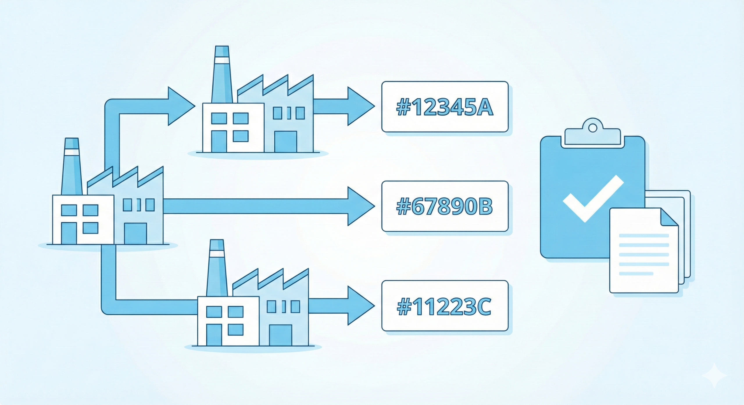 FDA 食品註冊多工廠填寫示意圖，說明每個設施需獨立註冊並取得各自的註冊號碼
