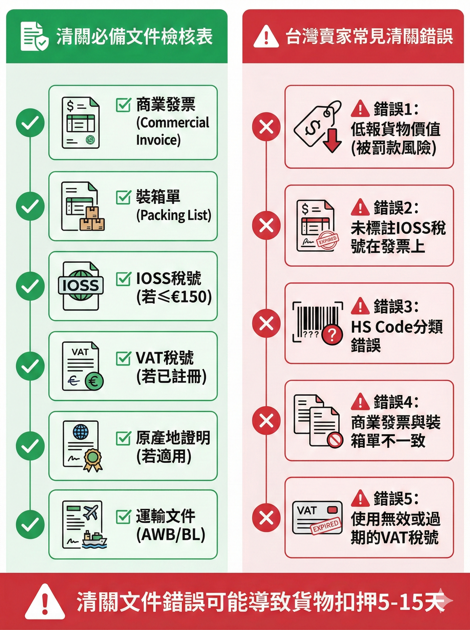 歐盟清關文件檢核表與台灣賣家常見錯誤對照圖,包含IOSS稅號、商業發票等必備文件要求