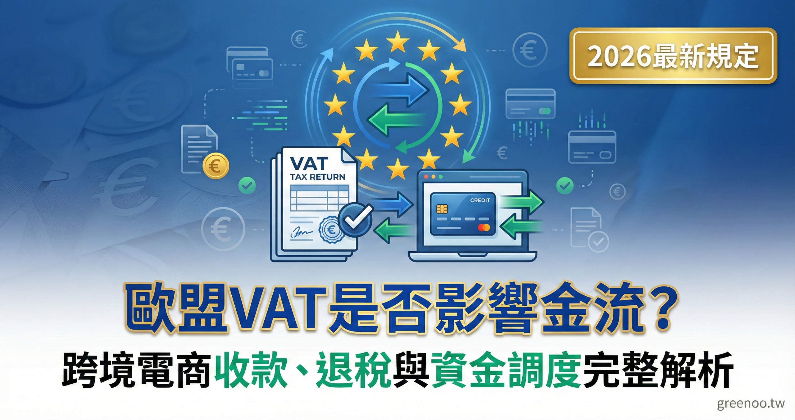 歐盟VAT金流影響完整指南封面，顯示跨境電商收款、退稅與資金調度的2026最新規定，專業商務配色設計