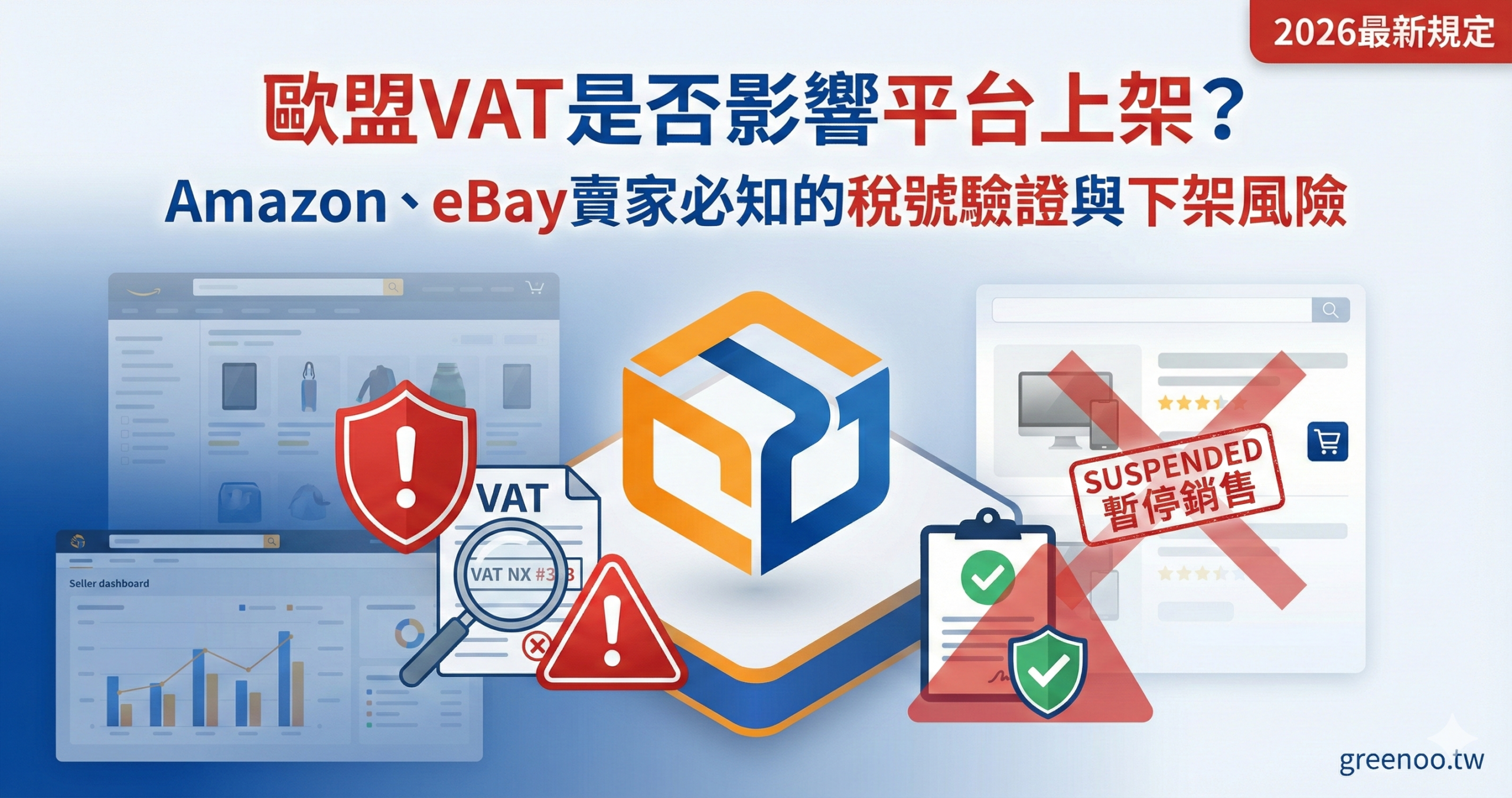 歐盟VAT平台上架合規指南封面，顯示Amazon與eBay賣家必須通過VAT稅號驗證以避免Listing下架風險，2026最新規定