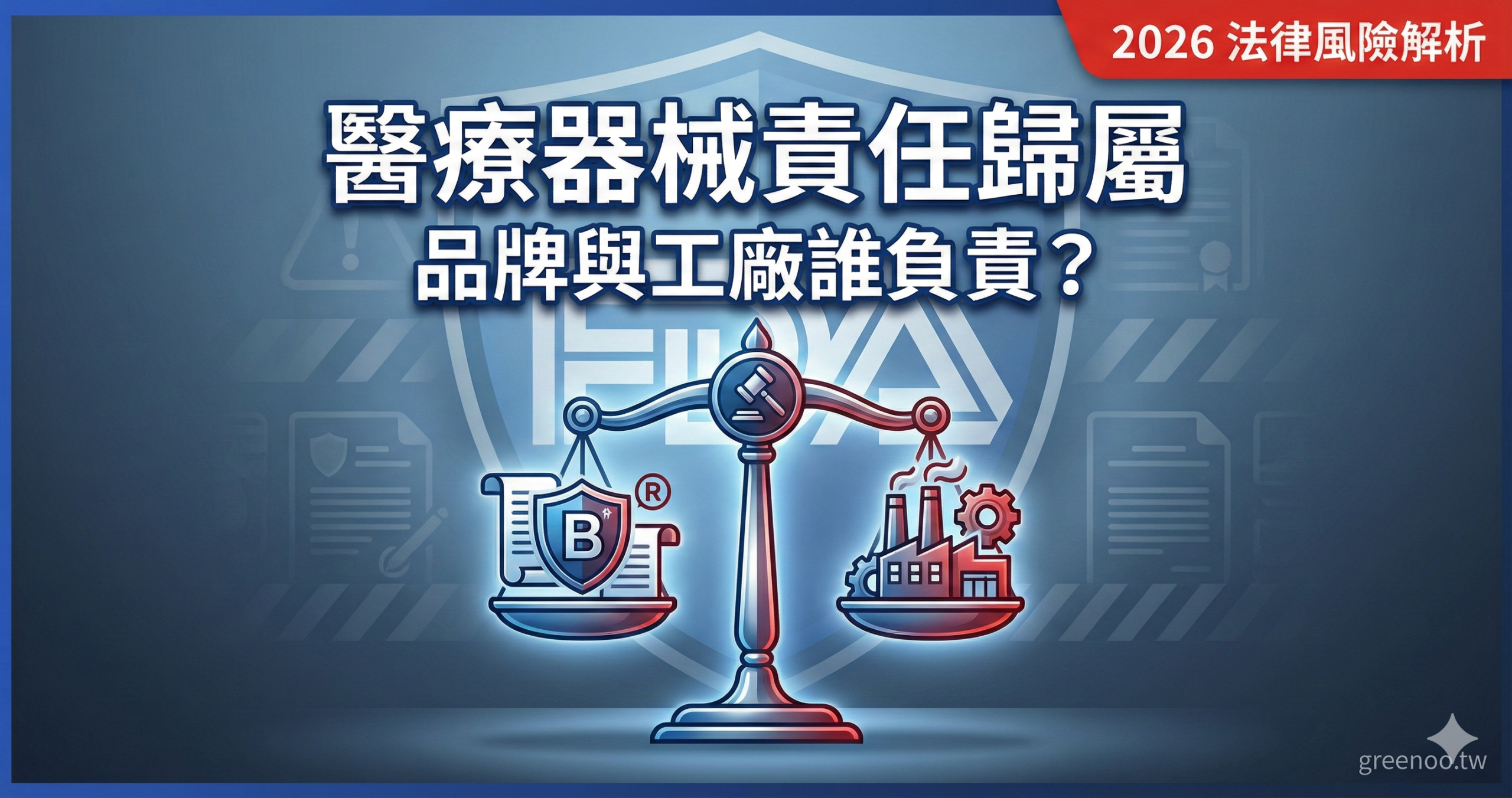 FDA 醫療器械責任歸屬封面，顯示品牌商與製造商責任爭議的天秤圖示與 2026 法律風險警示