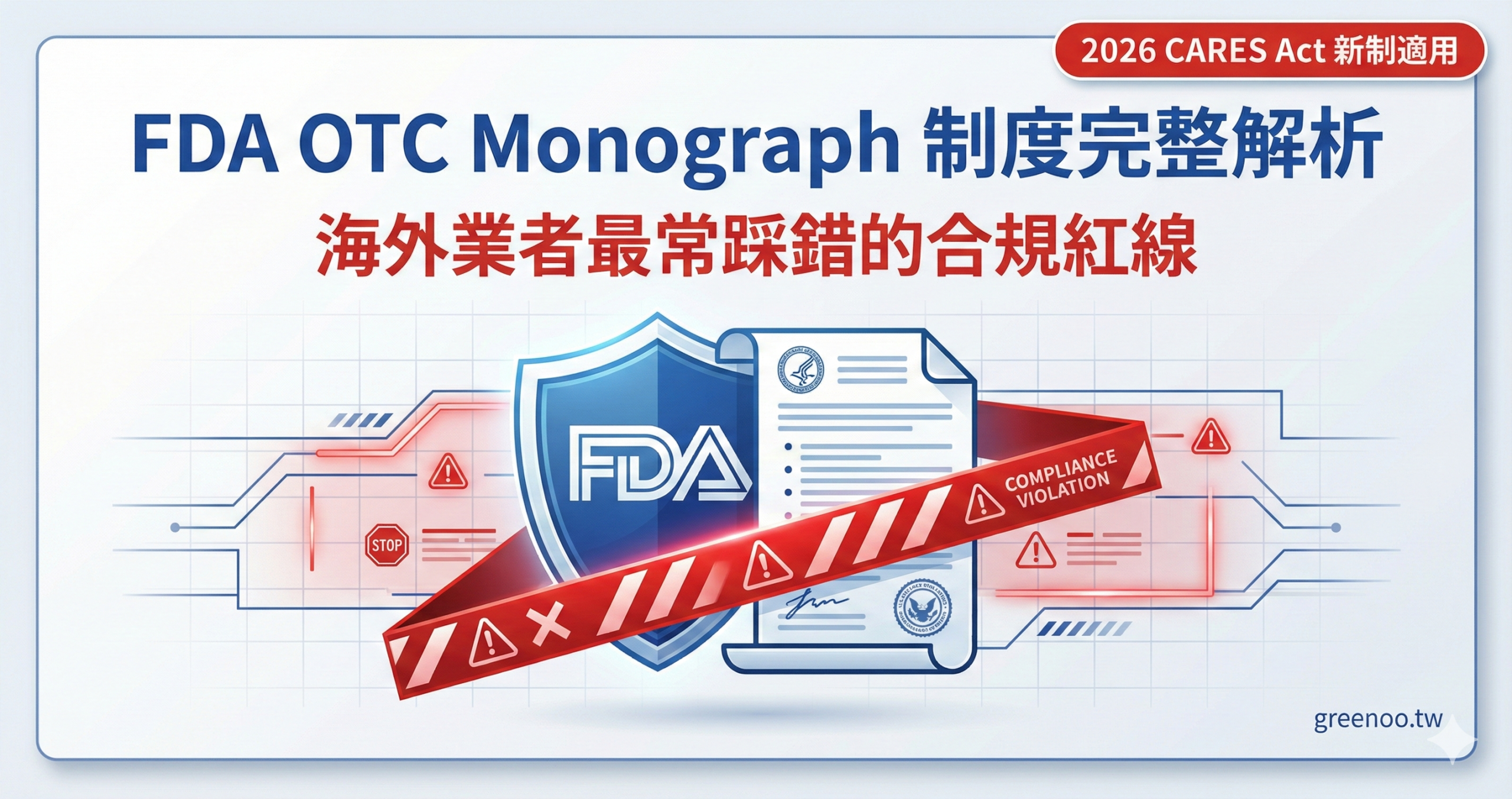 FDA OTC Monograph 制度完整解析封面,顯示法規架構與海外業者合規紅線,2026 CARES Act 新制適用