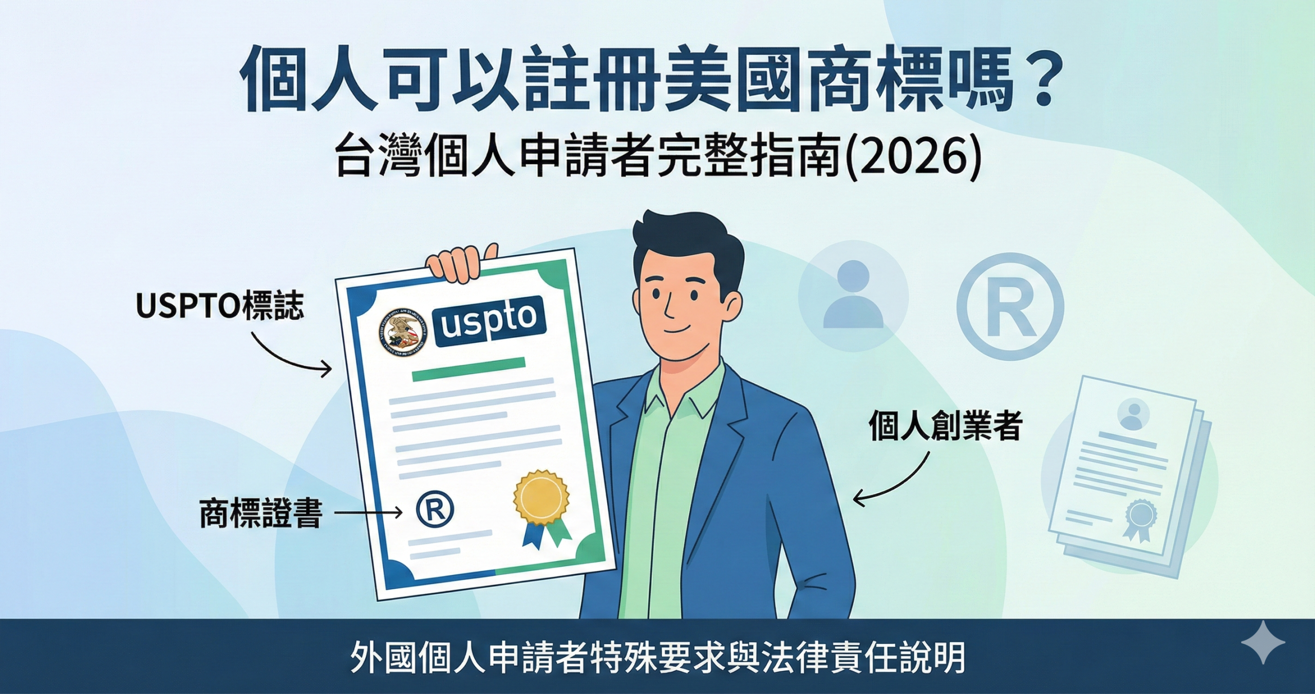 個人名義註冊美國商標指南封面,顯示個人創業者持有USPTO商標證書,說明台灣個人申請者的完整流程與要求