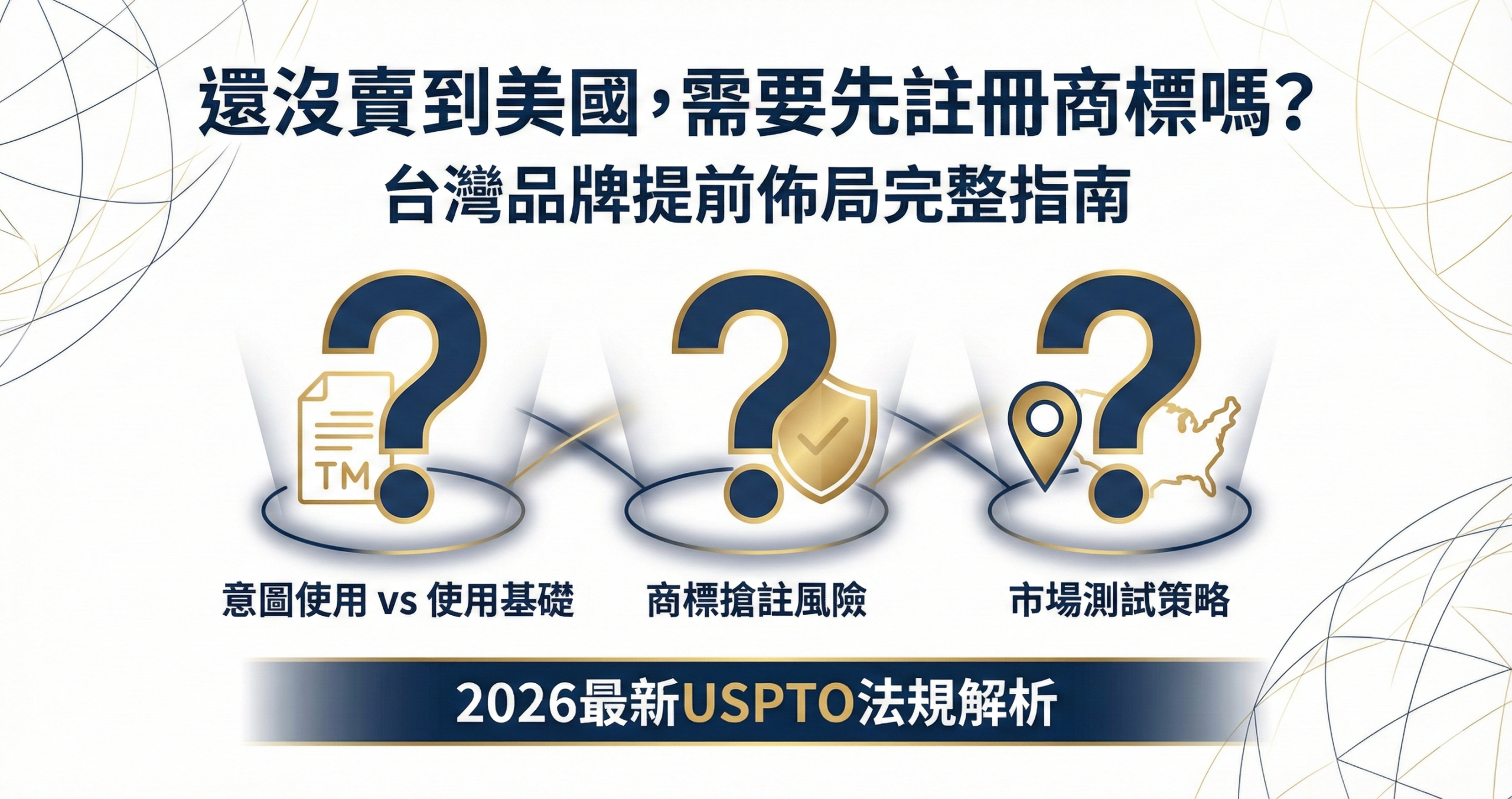 台灣品牌進軍美國前商標註冊決策指南封面圖,標示意圖使用申請、商標搶註風險與市場測試策略三大關鍵考量