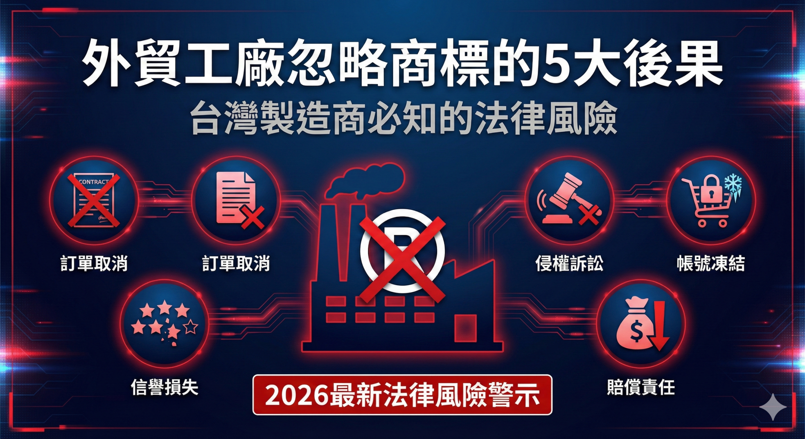 外貿工廠忽略商標保護的五大實際後果警示圖，包含訂單取消、侵權訴訟、帳號凍結、賠償責任與信譽損失風險說明