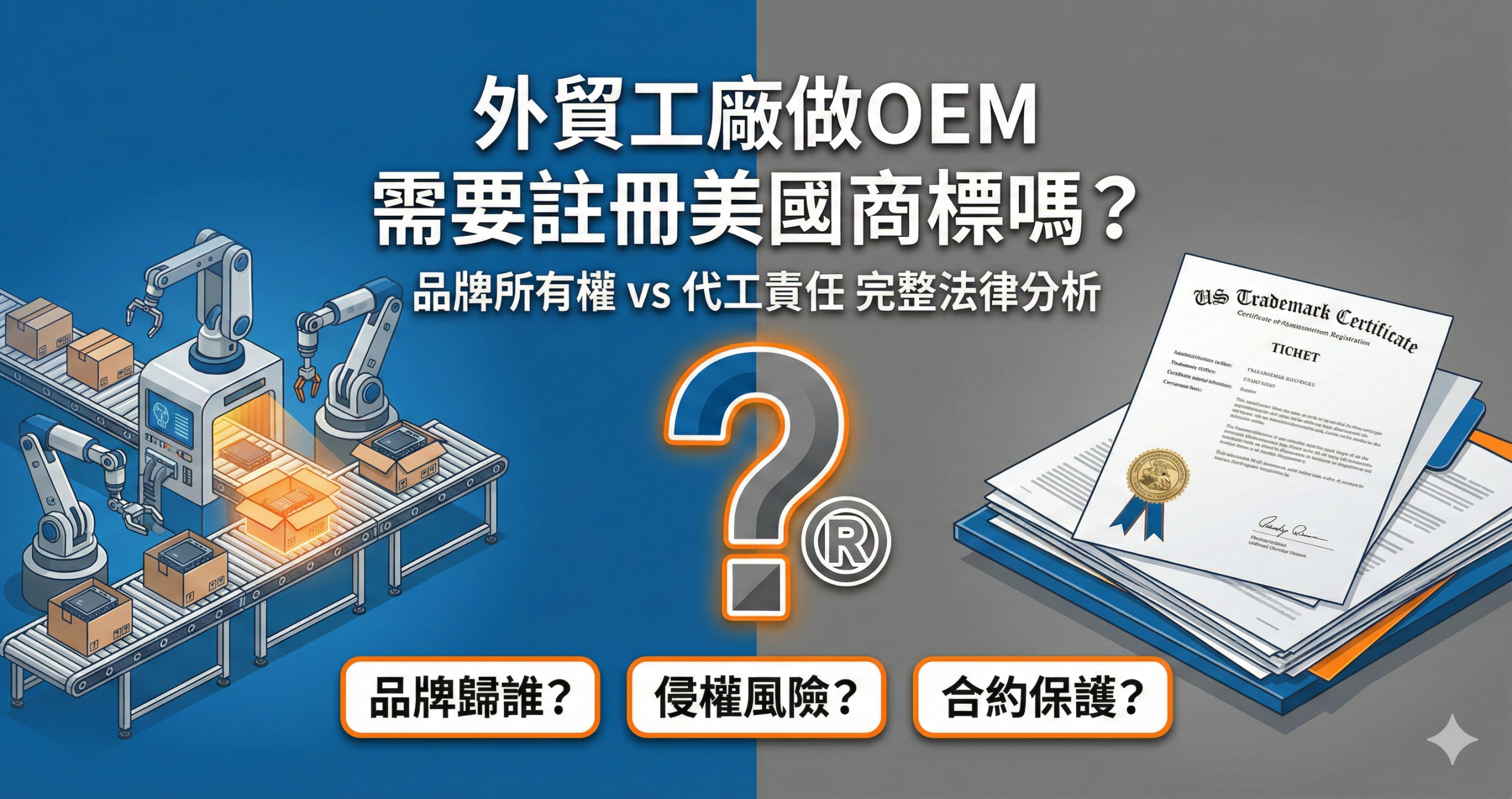 外貿工廠OEM美國商標註冊決策指南封面圖,呈現品牌所有權與代工責任的法律判斷要點