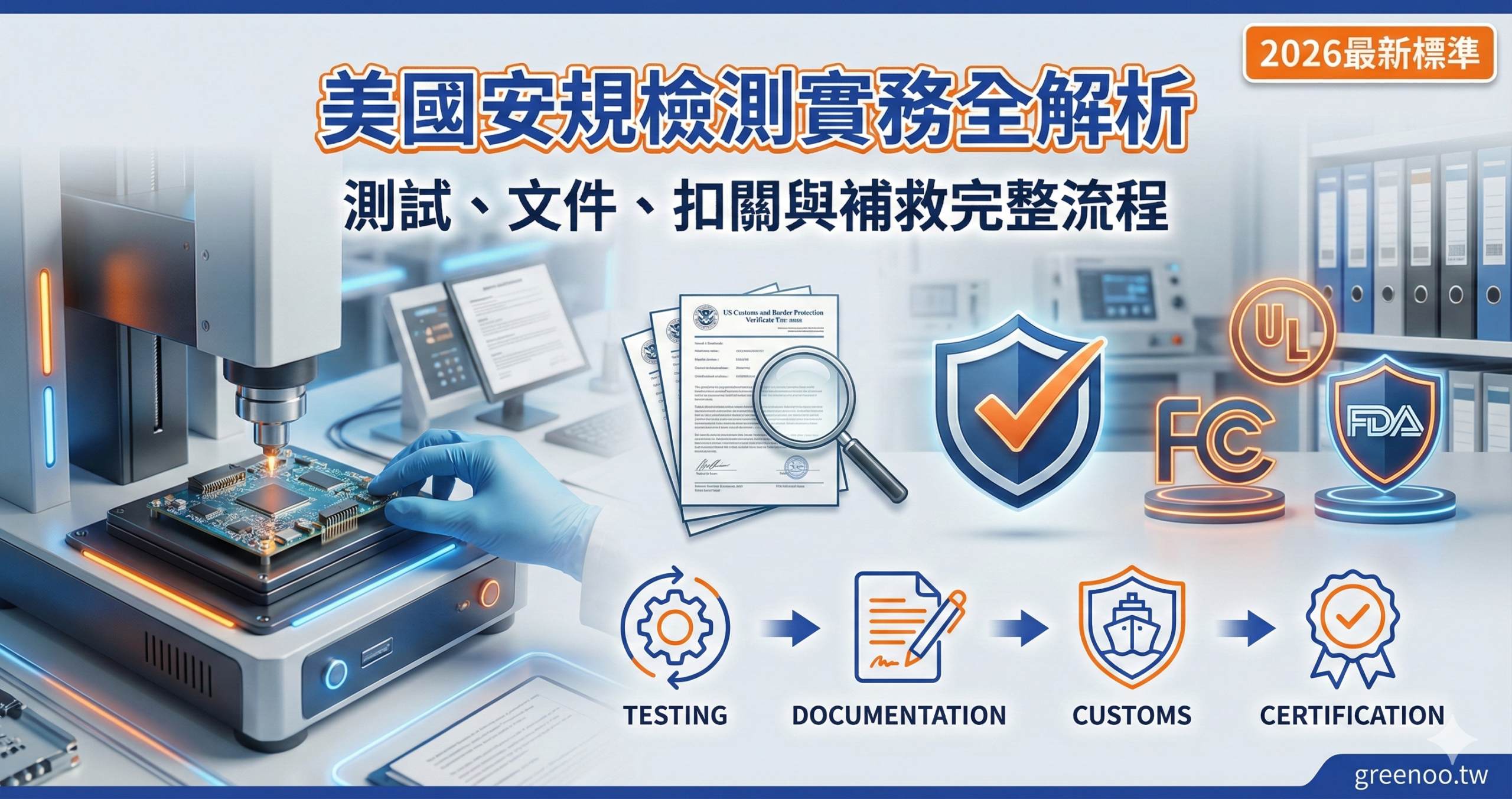 美國安規檢測實務全解析封面,顯示測試、文件、扣關與補救完整流程與2026最新標準