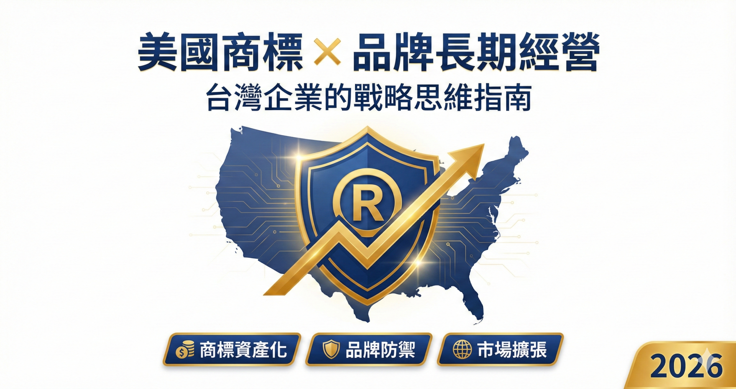  美國商標註冊與品牌長期經營戰略關係圖,涵蓋商標資產化、品牌防禦與市場擴張策略,適用台灣企業2026年規劃