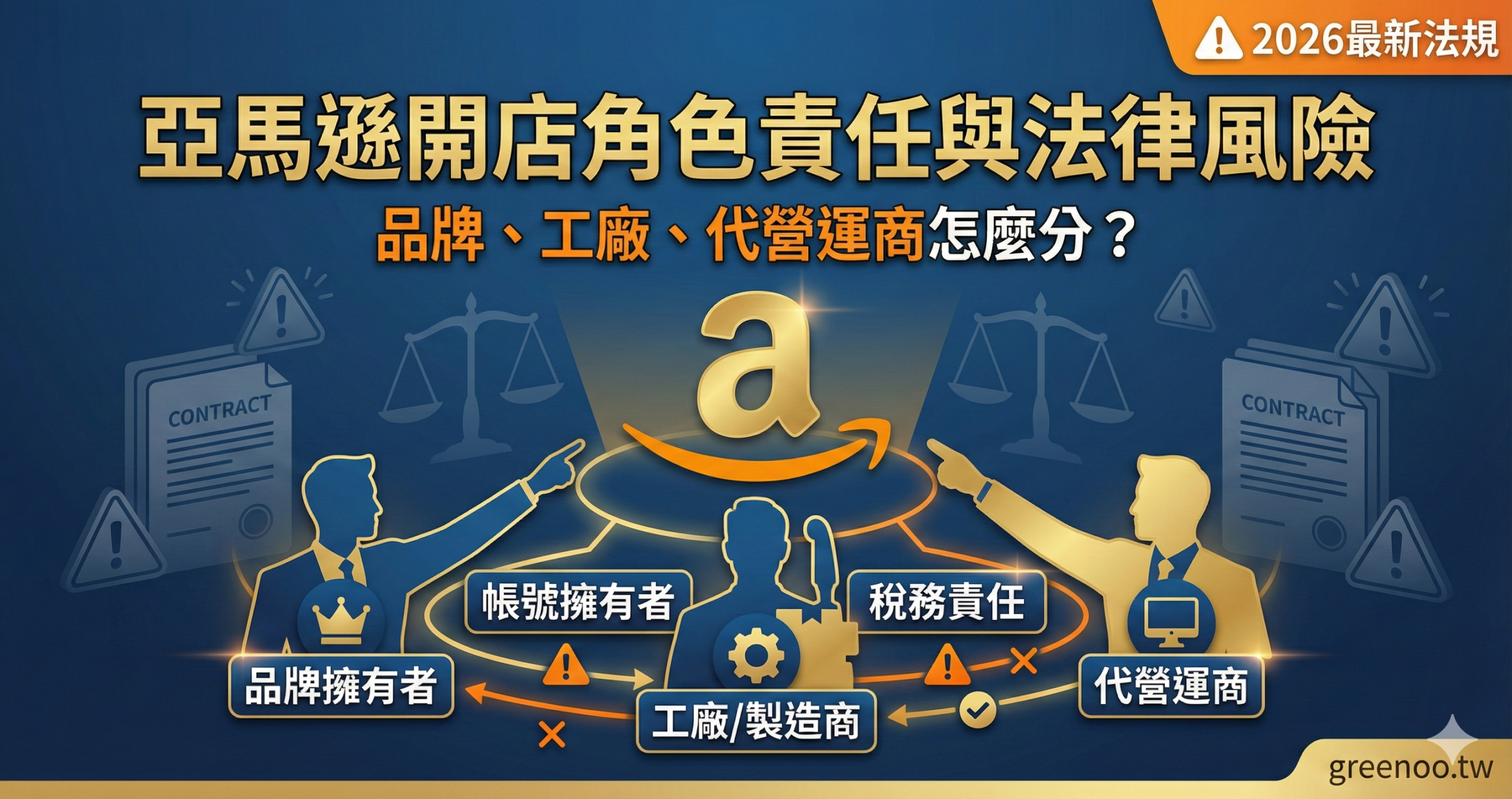 亞馬遜開店角色責任與法律風險完整指南封面，顯示品牌商工廠代營運商的責任分配與2026最新法規合規要求