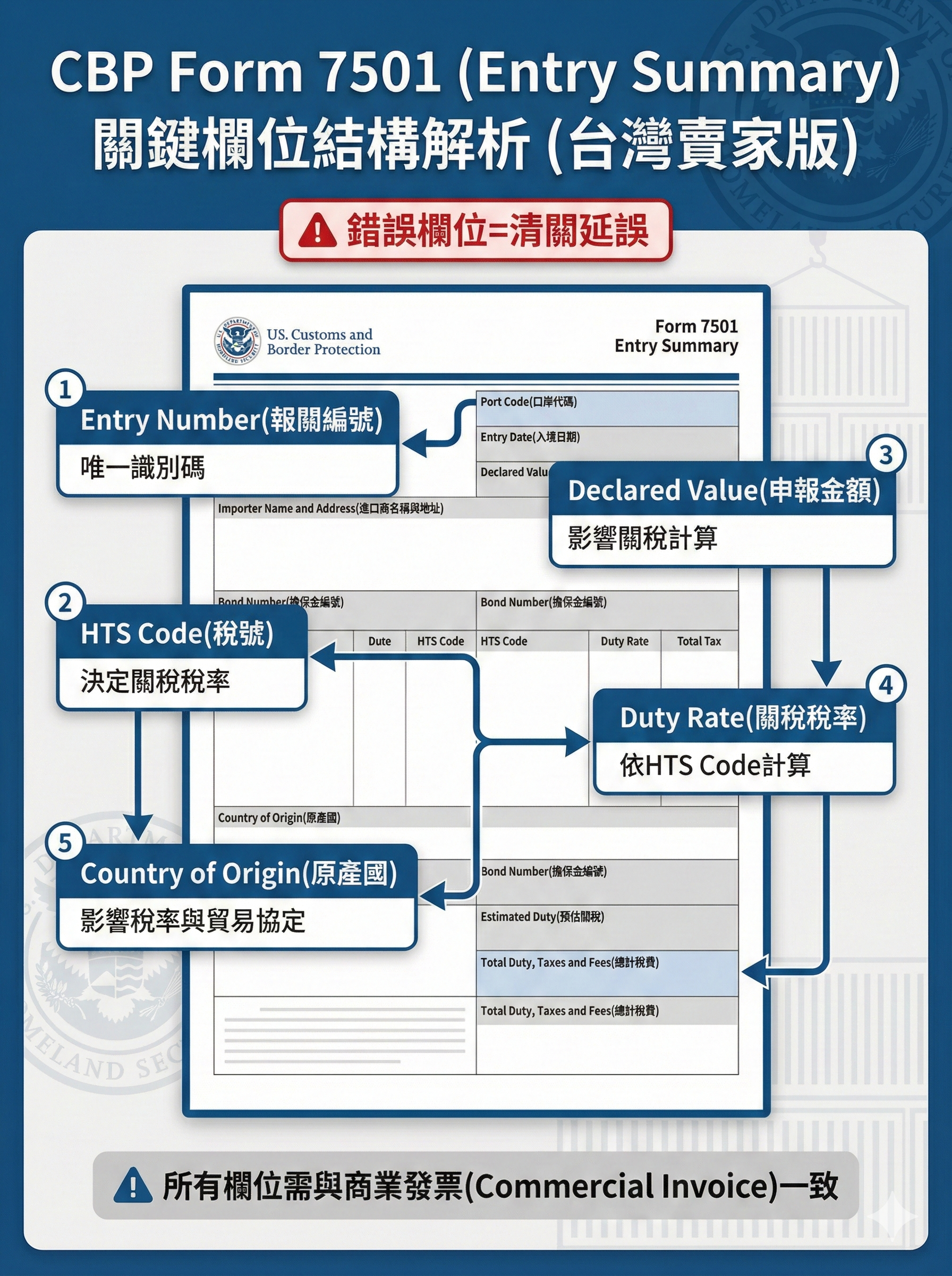 7501 Form關鍵欄位結構圖,標註Entry Number、HTS Code、Declared Value、Duty Rate、Country of Origin等欄位位置與相互關係,專業海關合規設計