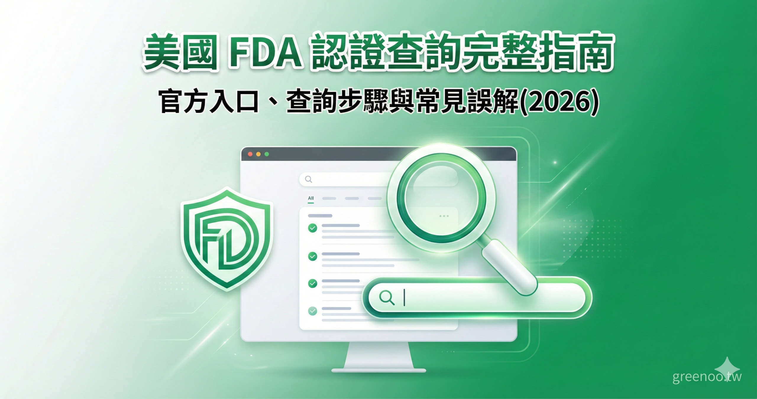 美國 FDA 認證查詢完整指南封面,顯示放大鏡與查詢介面圖示,說明 2026 最新官方查詢步驟與常見誤解澄清