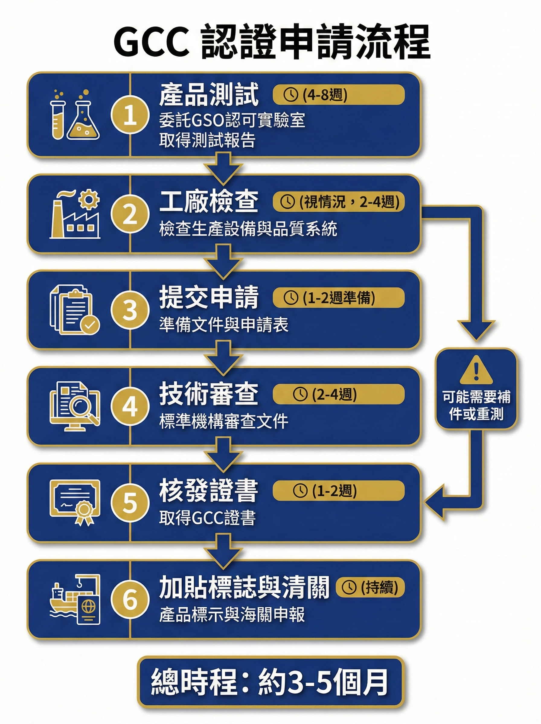 GCC 認證申請流程圖,顯示從產品測試到清關的6步驟完整流程與時程規劃,總時程約3-5個月